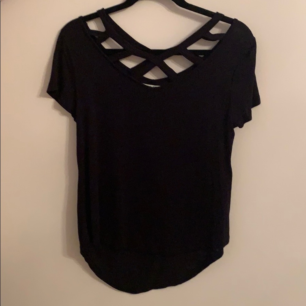 black tee with crisscross detail at the top